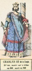 Charles III dit le Simple, 31:e kung, besteg tronen 898, dog 923 (färgad gravyr) av French School