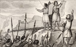 Karl II (823-77) den skallige och hans bror Ludvig den tyske sluter fördrag i Strasbourg 842, från 