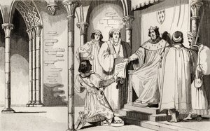 Charles IV (1294-1328) den stilige tar emot en vädjan vid domstolen, från "Histoire de France" av Colart, publicerad ca 1840 (gravyr) av French School