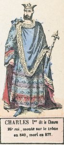 Karl I kallade den skallige, 26:e kung, besteg tronen 840, dog 877 (färgad gravyr) av French School