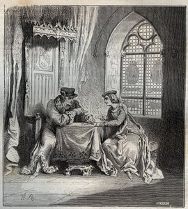 Karl VI (1380-1422) och Odette de Champdivers - kung Karl VI av Frankrike, känd som Charles the Good Aime, sedan Charles the Fol (1368-1422) med sin älskarinna Odinette (Odette) de Champdivers (cirka 1390-cirka 1425) spelkort gravering i "Paris a t av French School