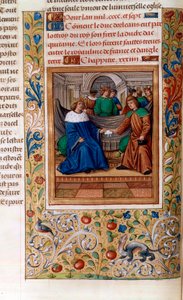Karl VI och Henrik V undertecknade "Troyesfördraget" 1420, illustration från "Chroniques de Monstrelet" av French School