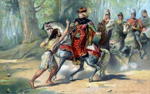 Karl VI fångade i galenskap i skogen i Le Mans. kromolitografi från slutet av 1800-talet av French School