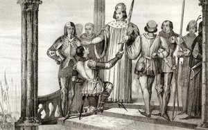Charles V (1358-80) den Vise overrækker sit sværd til Duguesdin, fra 
