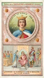 Karl den Enkle gav sin dotter Gisele till Rollo av Normandie i äktenskap, 911 (chromolitho) av French School