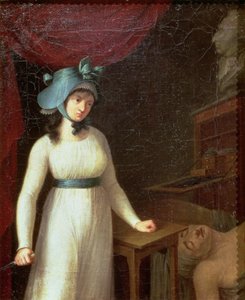 Charlotte Corday (1768-93) och mordet på Jean Paul Marat (1743-93) i hans bad av French School