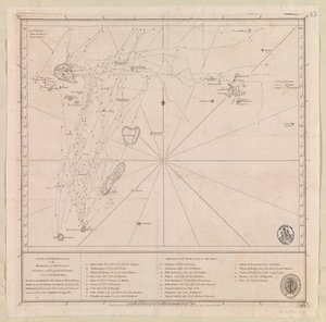 Karta över arkipelagen norr om Mauritius upprättad 1776 av M le Victe Grenier löjtnant i franska flottan [Inkluderar Seychellerna, sydligaste Maldiverna Mauritius-gruppen  Chagos-arkipelagen] av French School