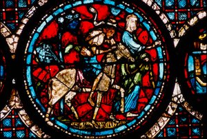 Chartres-katedralen, glasmålning föreställande den barmhärtige samaritens cirkulära glasmålning av French School