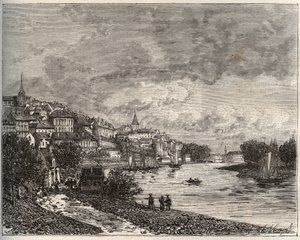 Chateau-Gontier (Chateau Gontier) - Mayenne i regionen Pays de la Loire - gravyr i "La France illustrée: geografi, historia, administrationsstatistik" av V.-A. Maltbrunt. 1884 av French School