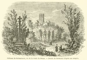 Chateau de Guimaraens, sett från vägen till Braga (gravyr) av French School