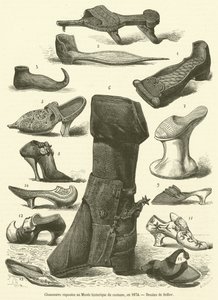 Skor utställda på Historiska Dräktmuseet, 1874 (gravyr) av French School