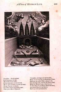 Cherubiner kommer för att ta bort anden, illustration från "A View of Human Life", från "Doctrines of Morality" av Marin Le Roy de Gomberville (1600-74), graverad av Daret (gravyr) av French School