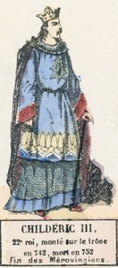 Childeric III, 22:a kungen, besteg tronen 742, dog 752, Merovingernas slut (färgad gravyr) av French School
