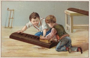 Barn som bygger en stor chokladkaka i trä, reklam för Suchard Choklad
