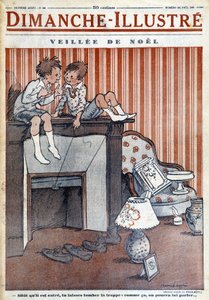Barn som sitter på skorstenen och fångar en fälla hos jultomten, för tidningen "Le Dimanche illustrious" julen 1930 (gravyr) av French School