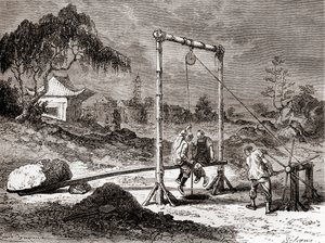 Kinesiska arbetare på 1800-talet grävde en brunn för utvinning av saltvatten, från 