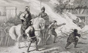 Chlotaire I (497-561) bränner sin upproriska son och familj, ur "Histoire de France" av Colart, publicerad omkring 1840. av French School