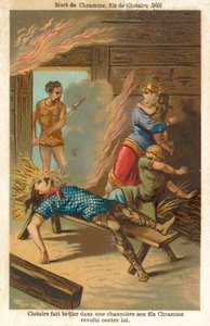 Chlothar I, frankernas kung, brände ihjäl sin rebellson Chram och hans familj, 560 (chromolitho) av French School