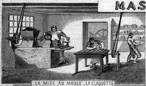 Chokladtillverkning: vägning och gjutning, kran. Usine de M. Masson, Paris av French School
