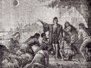 Christopher Columbus förutsäger månförmörkelsen för Jamaicas invånare 1504 av French School