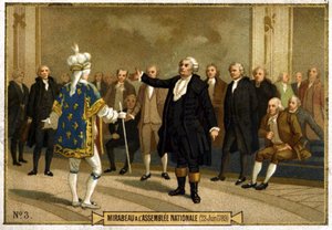 Kromolitografi som representerar Honore Gabriel (Honore-Gabriel) Riqueti, greve av Mirabeau (1749-1791) i nationalförsamlingen den 23 juni av French School
