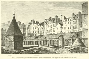Kyrkogård och massgravar för Saints-Innocents, på rue aux Fers-sidan, 1780, efter en teckning av Bernier, Coll A Lenoir av French School