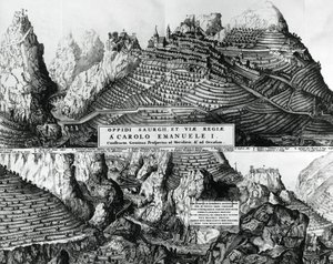 Staden Saorge, Frankrike, under Savojens styre, gravyr av French School