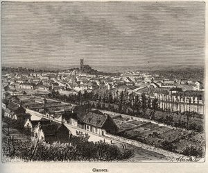 Clamecy - Nievre - Bourgogne - gravyr i "La France illustree: geografi, historia, statistisk administration" av V.A. Malt-brunt. 1884 av French School