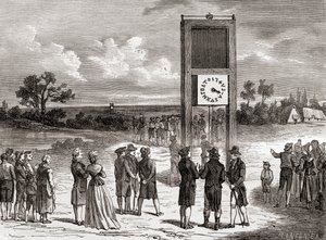 Claude Chappe demonstrerar sitt första telegrafsystem i luften 1791, från Les Merveilles de la Science, publicerad ca 1870 (gravyr) av French School