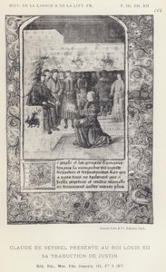 Claude De Seyssel presenterar för kung Ludvig XII sin översättning av Justin (litho) av French School