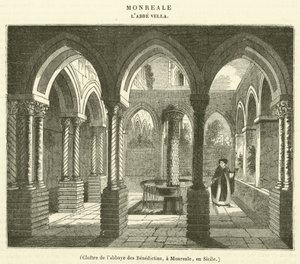 Klostret i Benediktinerklostret, i Monreale, Sicilien (gravyr) av French School