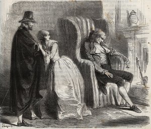 Clotilde Sprengel och Zacharie Bergmann tittar på den tyske läkaren Petrus Schultz som sover framför 1700-talet. Gravyr från 1871 i "Histoire Des Cocuses Celebres"" av Henry de Kock (1819-1892). av French School