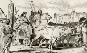 Clovis III (682-95) i en vagn dragen av oxar, med Pepin II av Herstal (c.714) Riding Alongside Him, från 