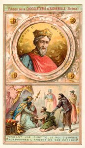 Clovis II ger pengar från sina kassor till de fattiga under en tid av svårigheter, 700-talet (chromolitho) av French School