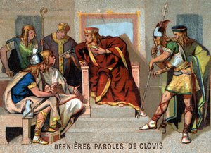 Clovis sista ord: "" Jag är olycklig! Jag förblir som en resenär bland främlingar och jag har inte längre föräldrar som kan stödja mig om motgångar kommer." Chromolithography of the Series "" Patriotic Education through Image"". av French School