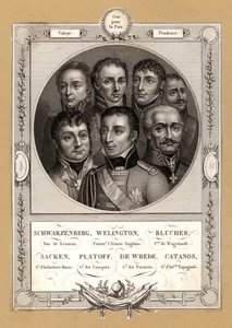 Koalitionens militära befälhavare för Napoleonkrigen: Fabian Gottlieb von der Osten-Sacken, rysk infanterigeneral; Matvei Platov, rysk general med befäl över Don-kosackerna; Karl Philipp von Wrede, bayersk general; Francisco Javier Castanos, Sp av French School