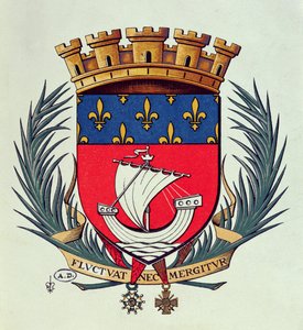 Stadens Paris vapen med mottot Fluctuat Nec Mergitur (kastas av vågorna hon inte sjunker) av French School