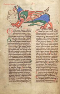 Torsk. Gulf. 1 Gud. lat. 39v, A Griffin Devouring a Man, från Liber Floridus av Lambert de Saint-Omer c.1120 av French School