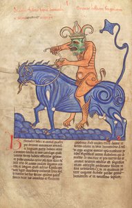 Torsk. Gulf. 1 Gud. lat. 41V, Satan rider på en Behemoth, från Liber Floridus av Lambert de Saint-Omer c.1120 av French School