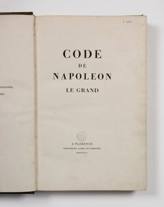 Koden för Napoleon den store, öppen på titelsidan, publicerad Florens, Molini, Landi et Cie, 1809 av French School