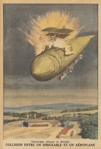 Kollision mellan ett luftskepp och ett flygplan i Österrike (färg litho) av French School