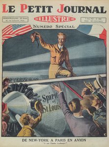 Överste Charles Lindbergh (1902-74) vid sin ankomst till Le Bourgets flygplats efter den första transatlantiska flygningen från New York till Paris den 21 maj 1927, omslag till Le Petit Journal, 5 juni 1927 (kol.