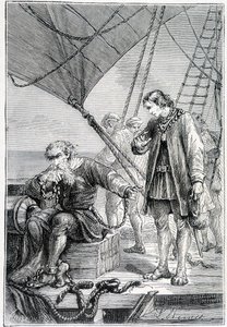 Columbus bunden som skurk (på fartygsdäck), ill. "" Discovery de la Terre"" av Jules Verne, red. Hetzel, n.d. 19:e. av French School