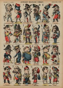 Komiskt militäralfabet (färgad gravyr) av French School