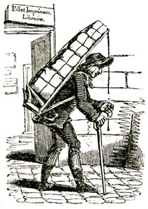 Commissionaire (kurir) på 1800-talet lämnar bokhandlaren Pillet i Paris, bärande en last av böcker på ryggen av French School