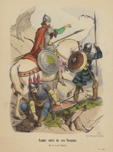 Greve följt av hans vasaller, Från 800-talet till 900-talet (färgad gravyr) av French School
