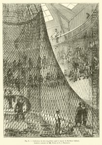 Gör nätet av M Henri Giffards fångade ångballong, Corderie centrale av MM Fretet et Ce, i Vincennes (gravyr) av French School