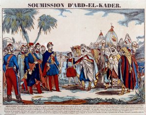 Erövring av Algeriet (1830-1847): Abd el Kader (Abd-el-Kader eller ibn Muhyi al-Din al-Hasani) (1807-1883) underkastade hertigen av Aumale och den franska armén den 24/01 /1848. Gravyr av privatsamlingen från slutet av 1800-talet av French School