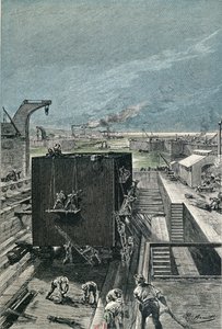 Construction of a Ship, from lIle a Helice av Jules Verne (1828-1905) publicerad 1865 av French School