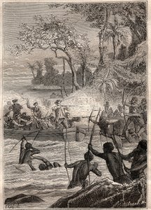 Fortsättning med pilar: Resa av Philip Carteret eller Philippe de Carteret (1733-1796) på öarna Santa Cruz, Notemely till ön Nendo (Santa Cruz, Ndeni, Nitendi eller till och med Ndende), 1767 - illustration hämtad från "The Great Mariners of the 18 av French School